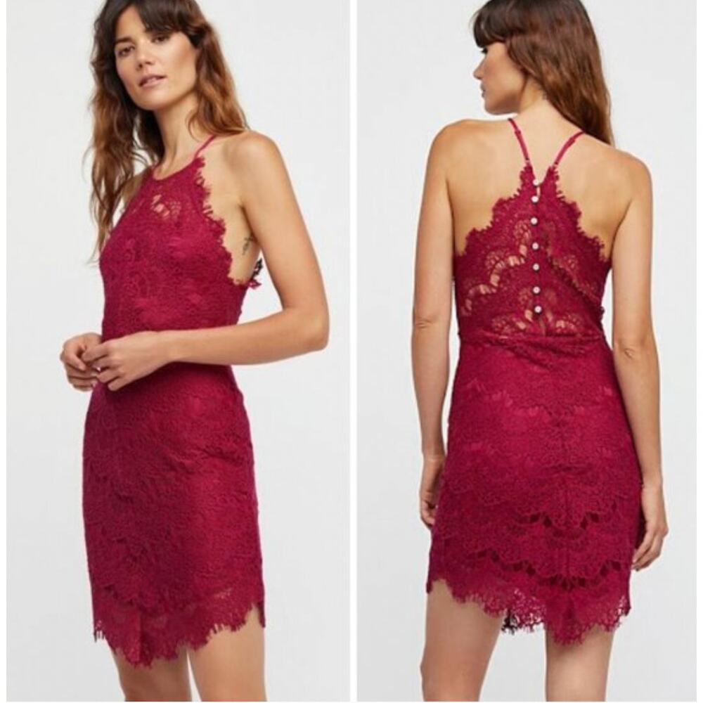 Intimately Free People She's Got It Lace Slip Dress Raspberry Cotton Blend XS